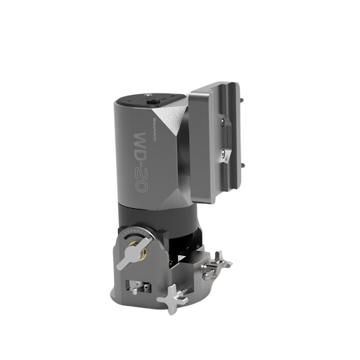 Side image of the WarpAstron WD-20 strain wave gear mount in it's upright position for Altitude-Azimuth configuration. Also visible is the polar alignment mechanism, the azimuth locking knobs, and a side view of the dual dovetail saddle plate.