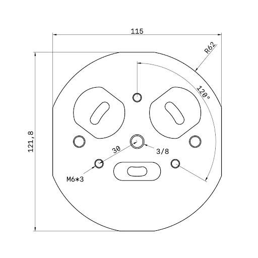 Mechanical drawing of the underside of the WarpAstron WD-20 strain wave gear mount. This diagram provides hole spacing and shows how this mount can connect to the ZWO TC40 carbon fiber tripod.