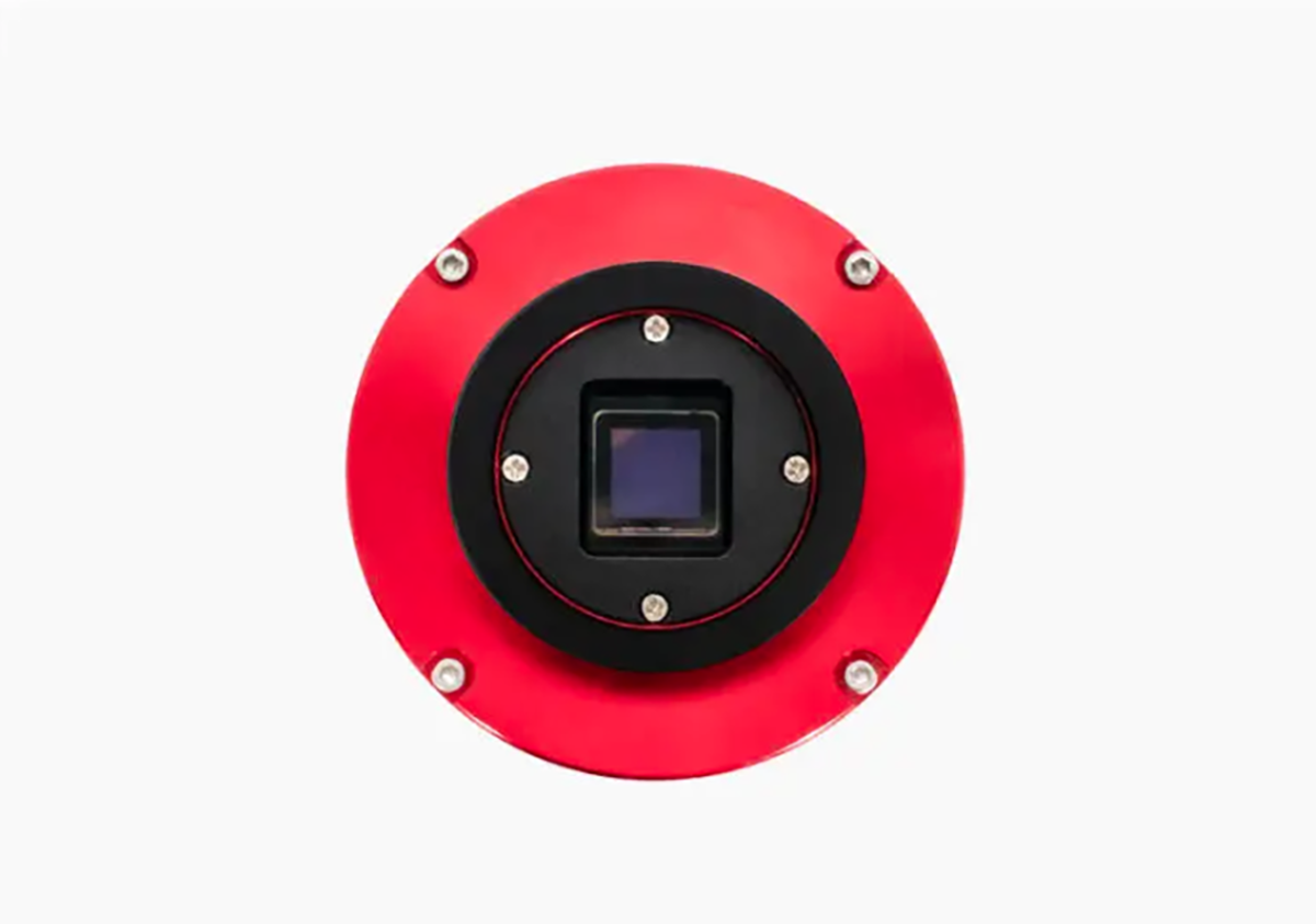 The ZWO ASI533MC Pro red metal body encases a square 1-inch sensor.