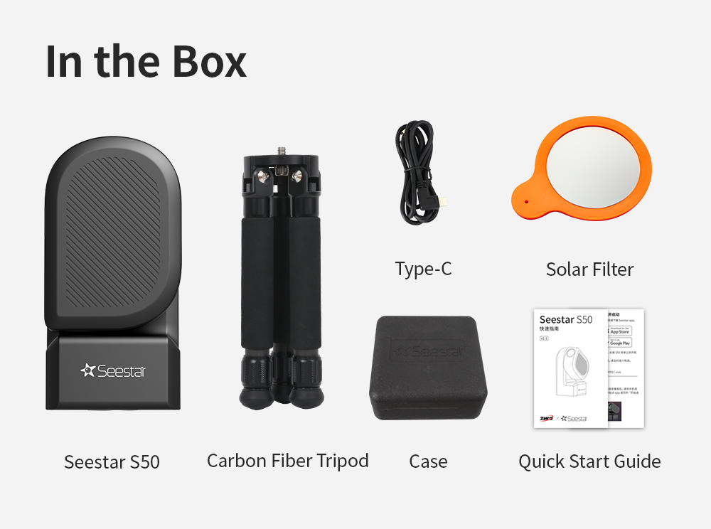 SeeStar S50 What's in the Box: SeeStar S50 Telescope, Tripod, USB-C Cable, Solar Filter, Quick Start Guide, and Storage Case