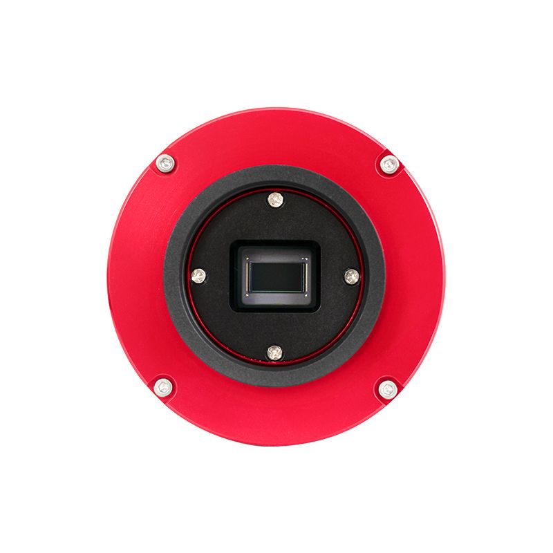 Face-on shot of the front of the ZWO ASI585MM-Pro. This includes a full view of the Sony IMX585 STARVIS 2 sensor as well as the classic ZWO bright red finish.
