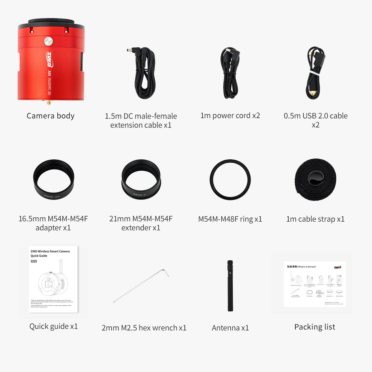 ZWO Camera - What's in the box as outlined below.